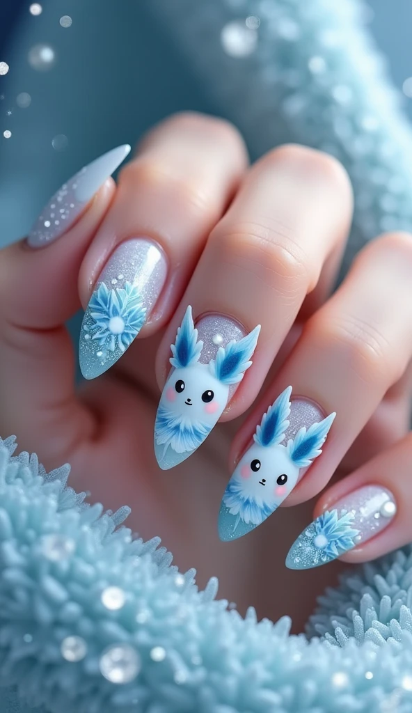 Make multiple desings of nail art bases on glaceon from pokemon on both hands about glaceon of pokemon