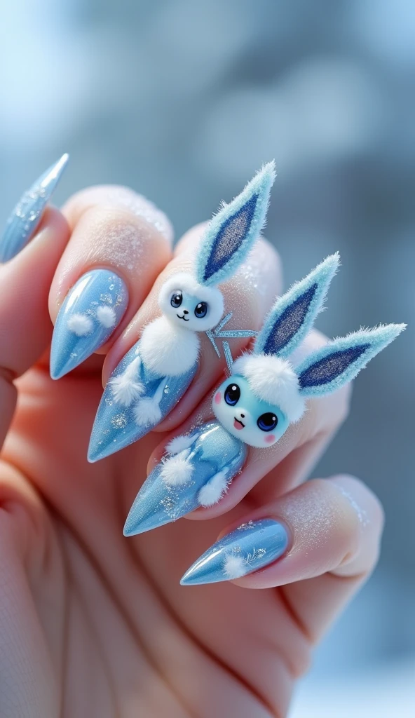 Make multiple desings of nail art bases on glaceon from pokemon on both hands about glaceon of pokemon