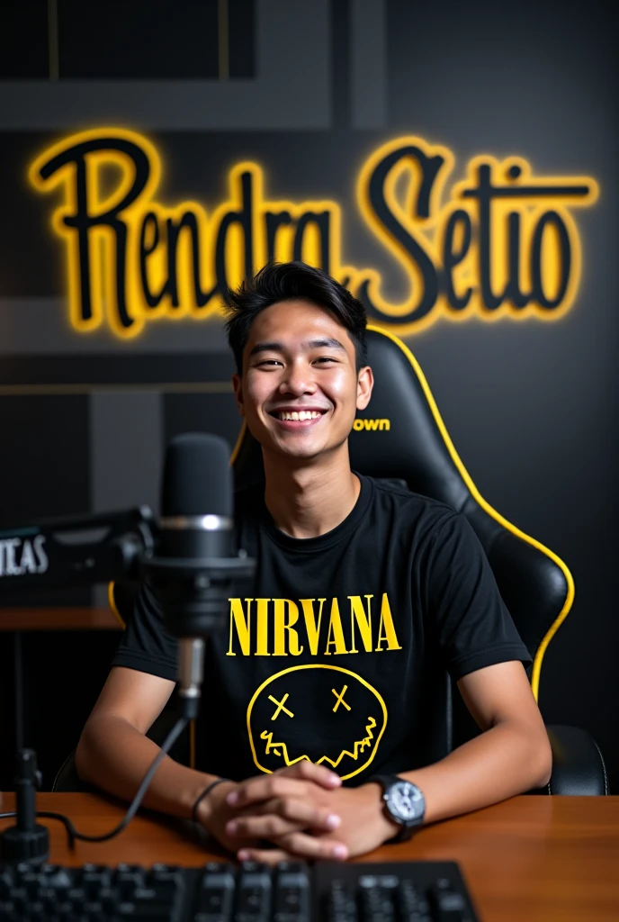 Photo young man Indonesian man sitting on a black gaming chair with yellow accents. He was w black Nirvana t-shirt. In front of him was a table with a mic stand and the mic settings were adjusted in front of his face. Behind it is a black and gray wall with the text "RENDRA SETIO" written in a bold and attractive font. The man smiled. professional studio atmosphere.
