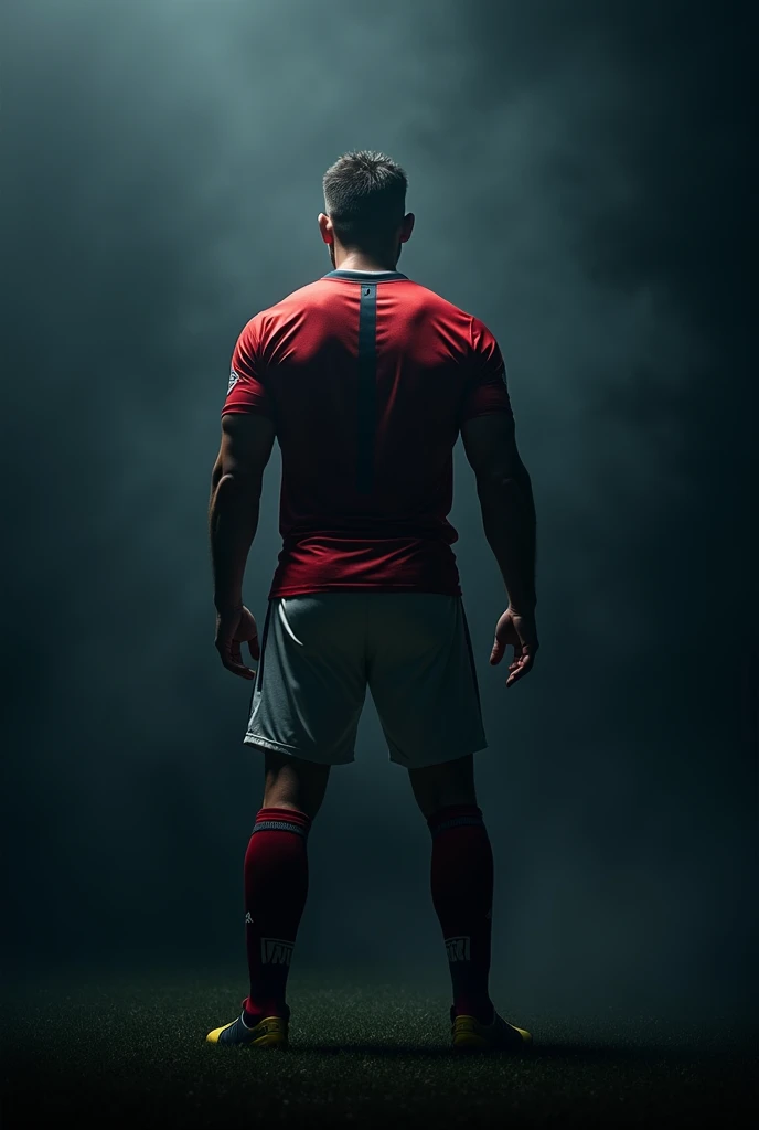 Create an image of a footballer from behind with a dark background 