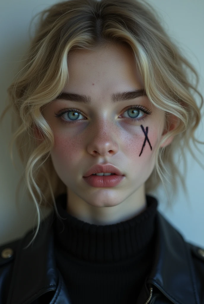Create a seventeen year old, blond, light purple eyes, with shadow outlined over the eyes, blonde eyebrow scratched, Wavy hair