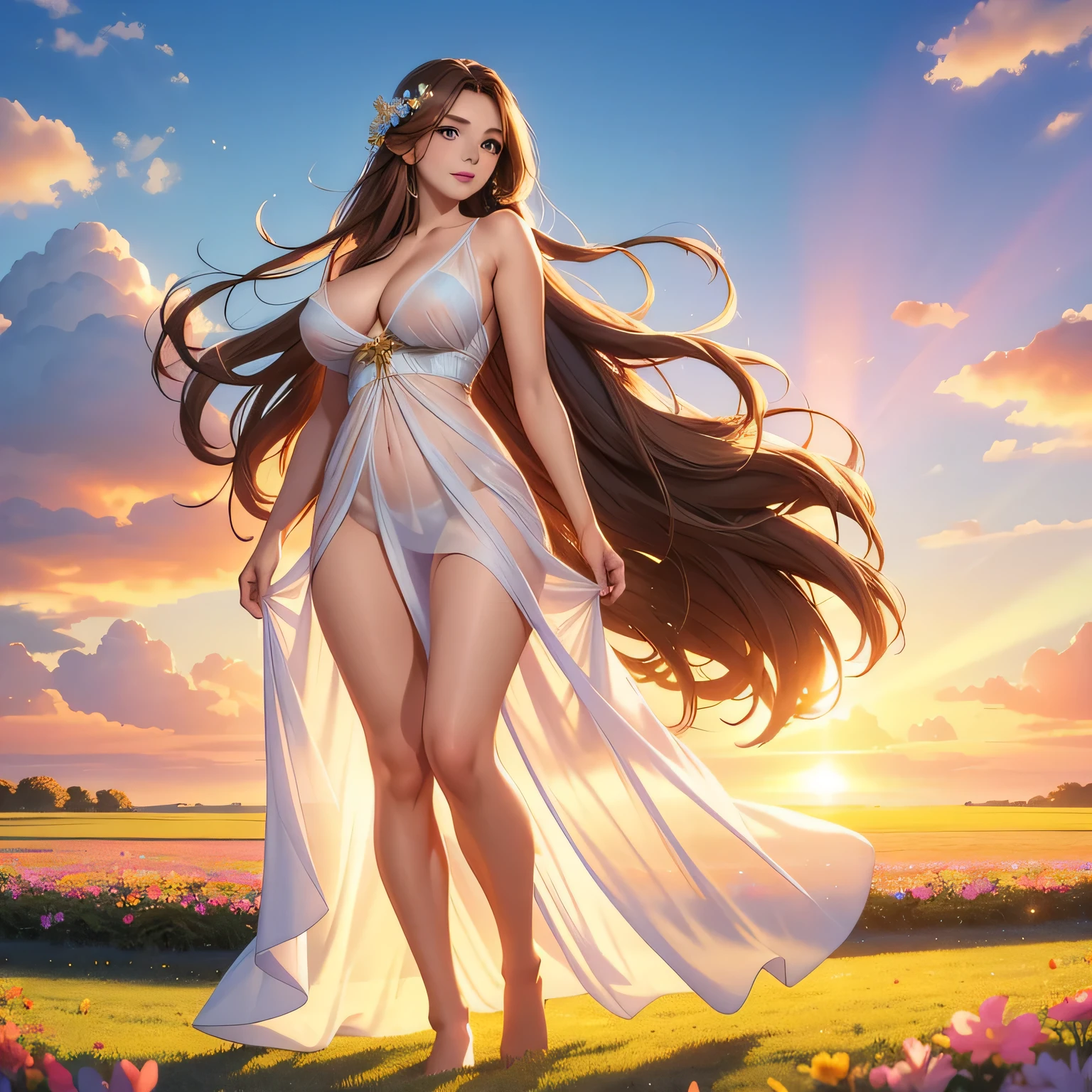 Best quality, 30 year old woman, massive breasts, brown long hair, blue eyes, skimpy thin white dress, sunset, upper body, sexy, angelic, thin fabric, see through, god rays, fluffy clouds, colourful flower field, full body shot, exposed naked legs