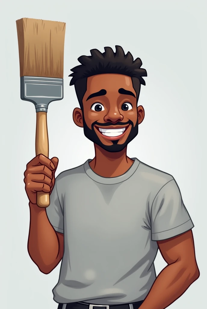 Black man with goatee neat black hair smiling with bricklayer brush in raised hand with light grey t-shirt in cartoon