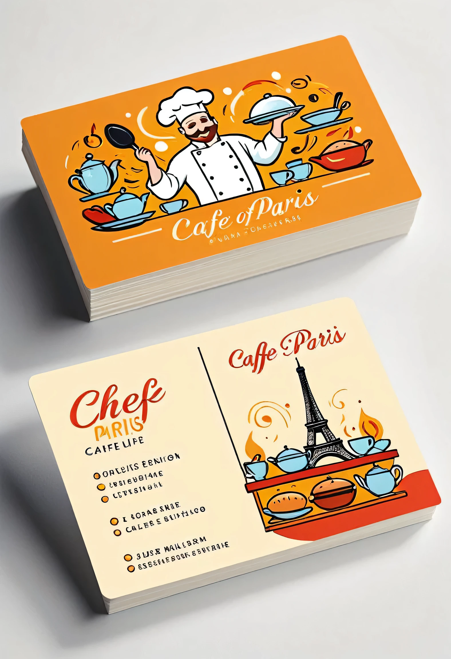 design horizontal business card for a chef of Café 'Paris' in the style of Vladimir Suteev. The card should have a whimsical and friendly design with playful illustrations of food, kitchen utensils, and Parisian landmarks, all in a consistent color scheme. The front side should have space on the left for the chef's name and title. The overall ambiance should evoke a sense of warmth and charm, with bright colors and simple, expressive lines. The dimensions should be 3.5 x 2 inches.