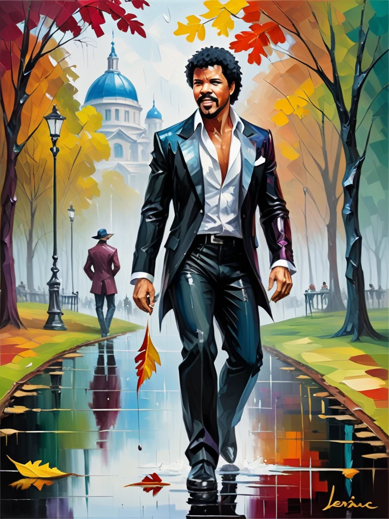 Estilo Leonid Afremov, (an expressive oil painting:1.1), (Henry Asencio style:1.0),highy detailed, vibrant colorful, Lionel Richie in the autumn park after the rain