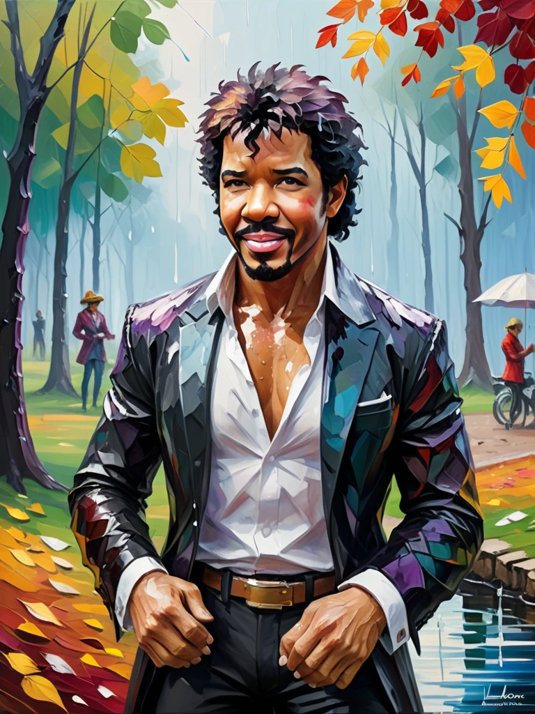 Estilo Leonid Afremov, (an expressive oil painting:1.1), (Henry Asencio style:1.0),highy detailed, vibrant colorful, Lionel Richie in the autumn park after the rain
