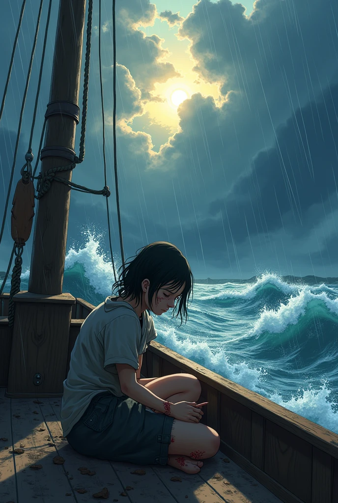 I would like an image that is about a woman healing her wounds on a ship that is in a storm but drying out from the light in anime
