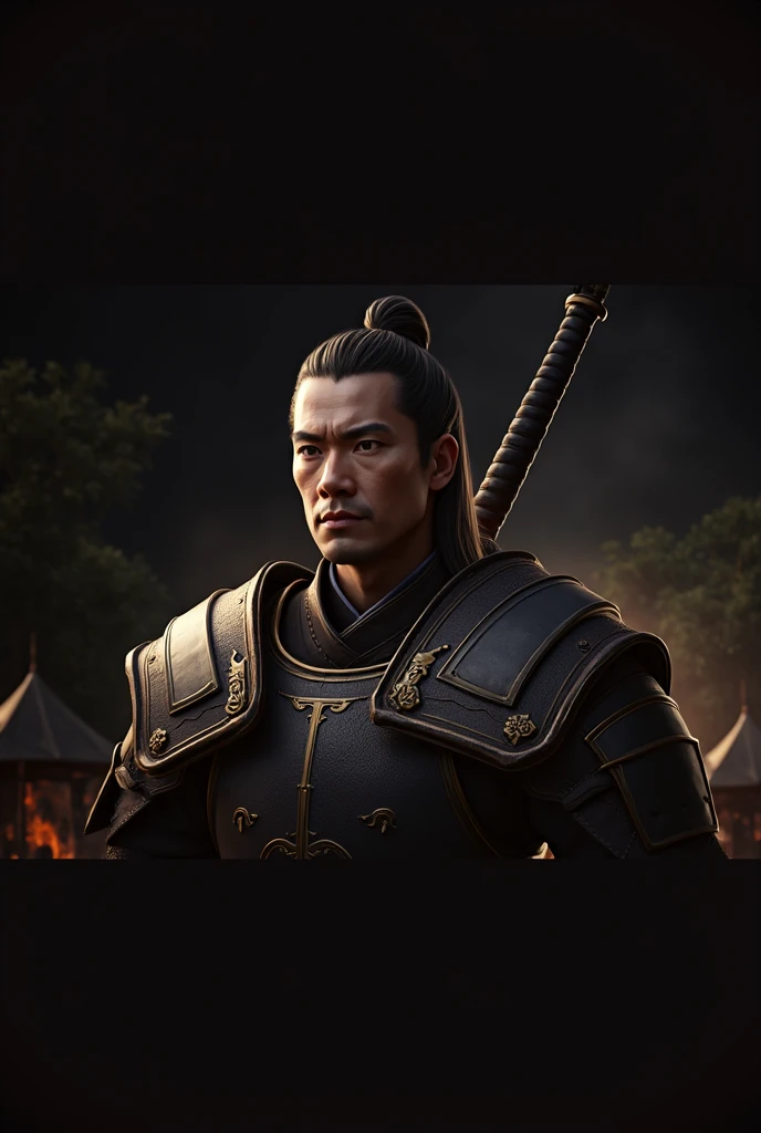 draw full body portrait of individual in image, Asian medieval war camp setting