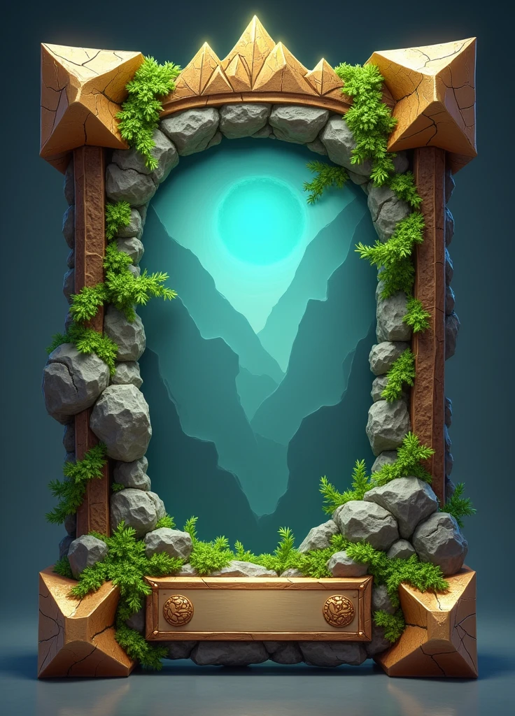 Design a 3D stylized card frame for an earth-themed character with a strong, bold structure. The frame should use earthy browns, mossy greens, and rich gold shades with glowing rock and vine effects around the edges. Incorporate mountain motifs at the top, metallic bronze corners with a rough-hewn texture, and vine-like patterns on the sides that resemble creeping plants. The bottom section should feature a stone texture with cracks filled with glowing moss and engraved earth symbols. Add a nameplate at the bottom, designed to look like an ancient stone tablet, with the text in a rugged, earthy font that fits the natural theme. The overall design should reflect the solidity and growth of earth while providing space for character art and stats.