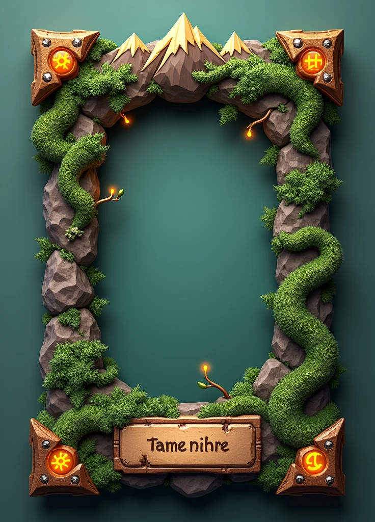 Design a 3D stylized card frame for an earth-themed character with a strong, bold structure. The frame should use earthy browns, mossy greens, and rich gold shades with glowing rock and vine effects around the edges. Incorporate mountain motifs at the top, metallic bronze corners with a rough-hewn texture, and vine-like patterns on the sides that resemble creeping plants. The bottom section should feature a stone texture with cracks filled with glowing moss and engraved earth symbols. Add a nameplate at the bottom, designed to look like an ancient stone tablet, with the text in a rugged, earthy font that fits the natural theme. The overall design should reflect the solidity and growth of earth while providing space for character art and stats.