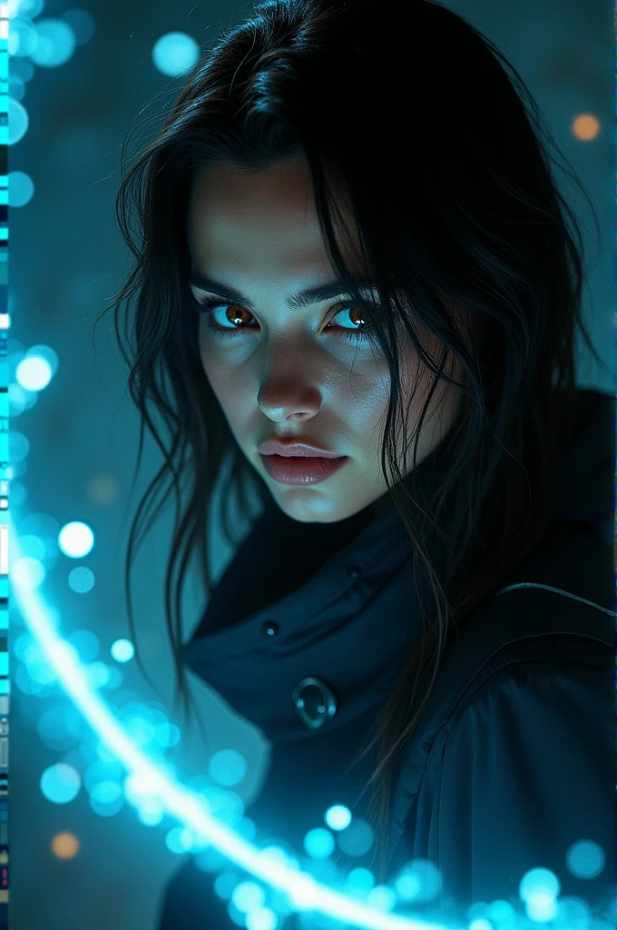(masterpiece, best quality, ultra-detailed, best shadow), (detailed background, dark fantasy), (beautiful detailed face), high contrast, (best lighting, extremely delicate and beautiful), ((cinematic light)), colorful, hyper-detailed, dramatic light, intricate details, (1girl, solo, black hair, sharp face, brown eyes, hair between eyes, dynamic angle), blood splatter, swirls of black light around the character, depth of field, black light particles, (broken glass), magic circle, in Cyberpunk clothing but looking sexy.