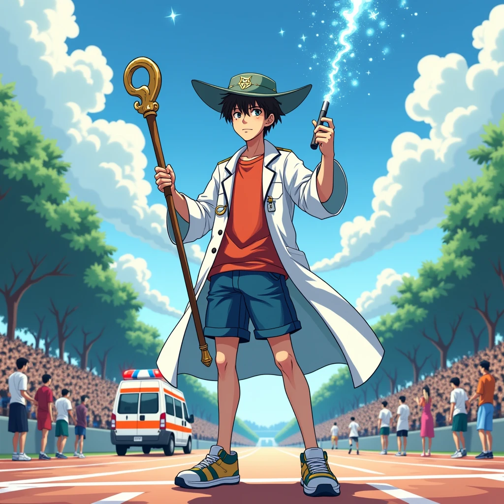 a young man in an astrologer's cap with a magic staff, in shorts and a medical gown stands at the finish line next to an ambulance in anime style