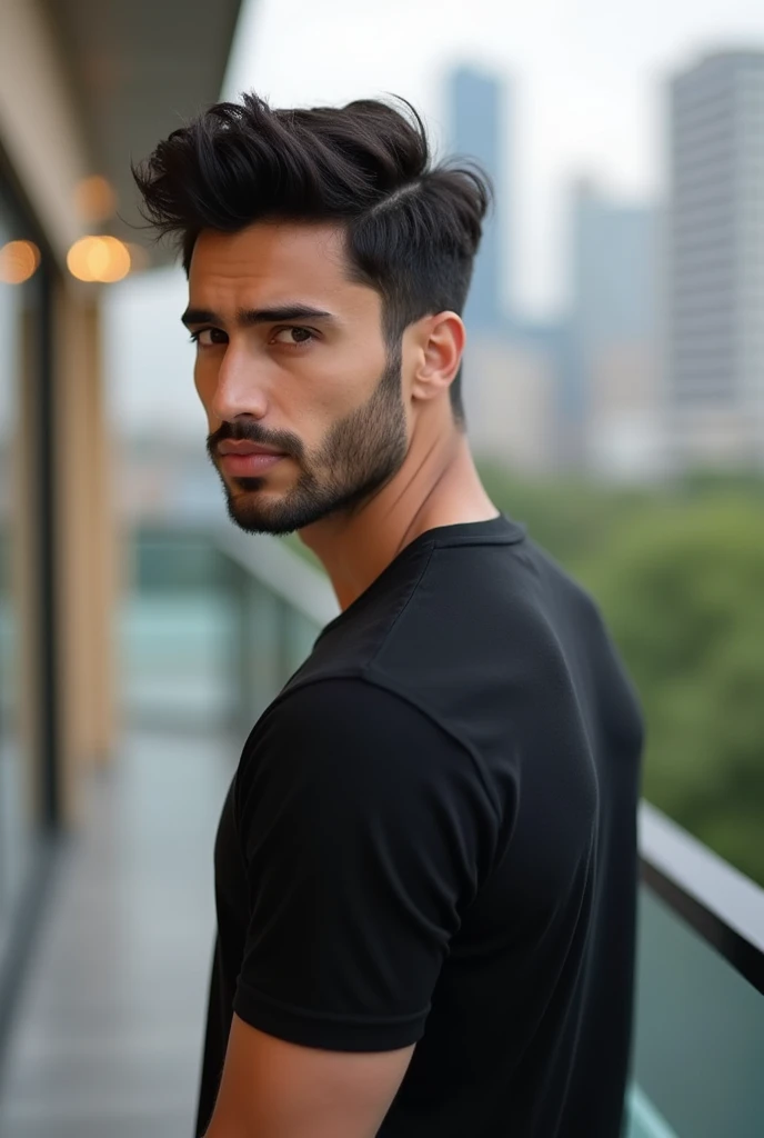 Handsome white Indian guy with dark short hair, a bit wider face, brown eyes, slightly shorter hair, and wider cheeks. He has a one-day beard and a line shaved into his right eyebrow. Wearing a perfectly fitting black t-shirt, he’s looking back at the camera with a Korean glass skin finish. The photo is taken on an outdoor terrace, featuring a stylish and relaxed pose with a chic, urban backdrop and natural lighting.