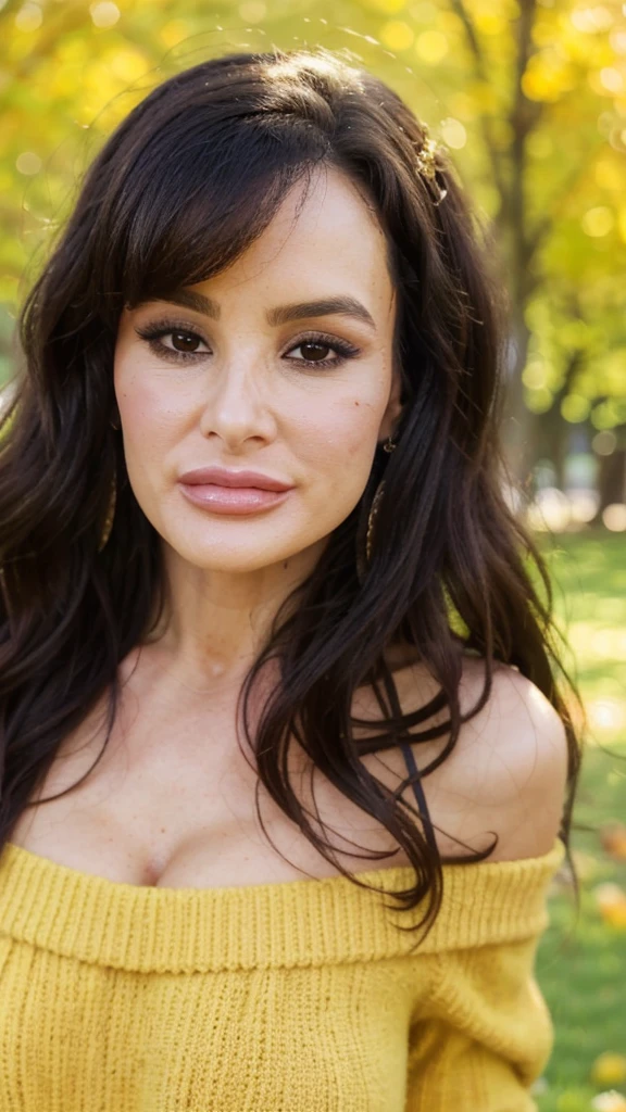 (closeup headshot:1.2), lisaann, a beautiful woman, long perfect hair, (wearing off-shoulder-jumper:1.2), (city park, autumn:1.2),  (analog, cinematic, film grain), ((detailed eyes)), (color picture:1.1), Fujifilm XT3,  