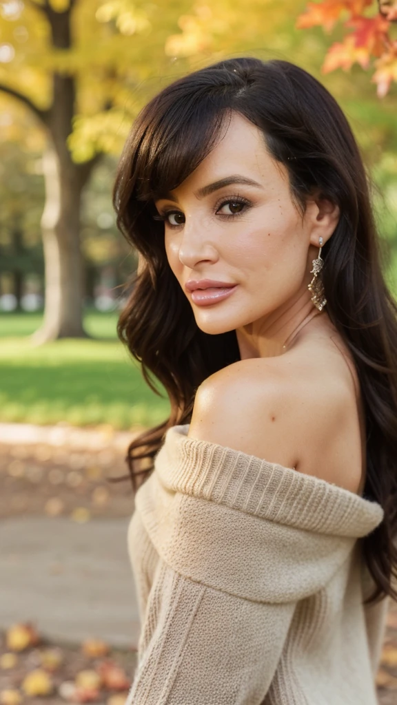 (closeup headshot:1.2), lisaann, a beautiful woman, long perfect hair, (wearing off-shoulder-jumper:1.2), (city park, autumn:1.2),  (analog, cinematic, film grain), ((detailed eyes)), (color picture:1.1), Fujifilm XT3,  