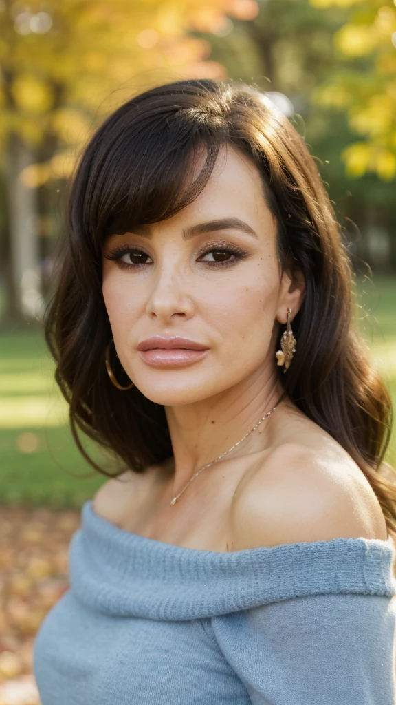 (closeup headshot:1.2), lisaann, a beautiful woman, long perfect hair, (wearing off-shoulder-jumper:1.2), (city park, autumn:1.2), (analog, cinematic, film grain), ((detailed eyes)), (color picture:1.1), Fujifilm XT3,