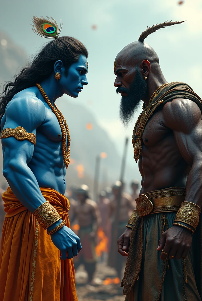 3d muscular small krishna with skin blue colour wearing gold ornaments peakock one feather on head
fights with 3d heighted dark horse man highly graphic war scene depicting them in front of each other