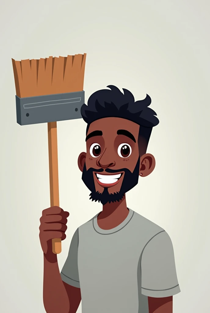 Black man with goatee neat black hair smiling with bricklayer brush in raised hand with light grey t-shirt in cartoon 