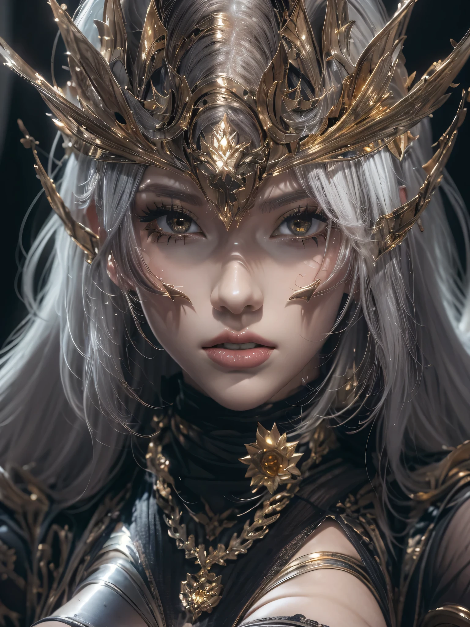 masterpiece, Raw photo，photorealism，High resolution，highest quality，High resolution, perfect composition, perfect face, perfect body, 16k，cinematic lighting，
Fantasy warrior queen, silver hair，hip，latex，black，attractive，Castle Background、costume showing collarbone、close up of face、gold and black metal, badass, sexy, teasing the viewer,
high contrast, high saturation