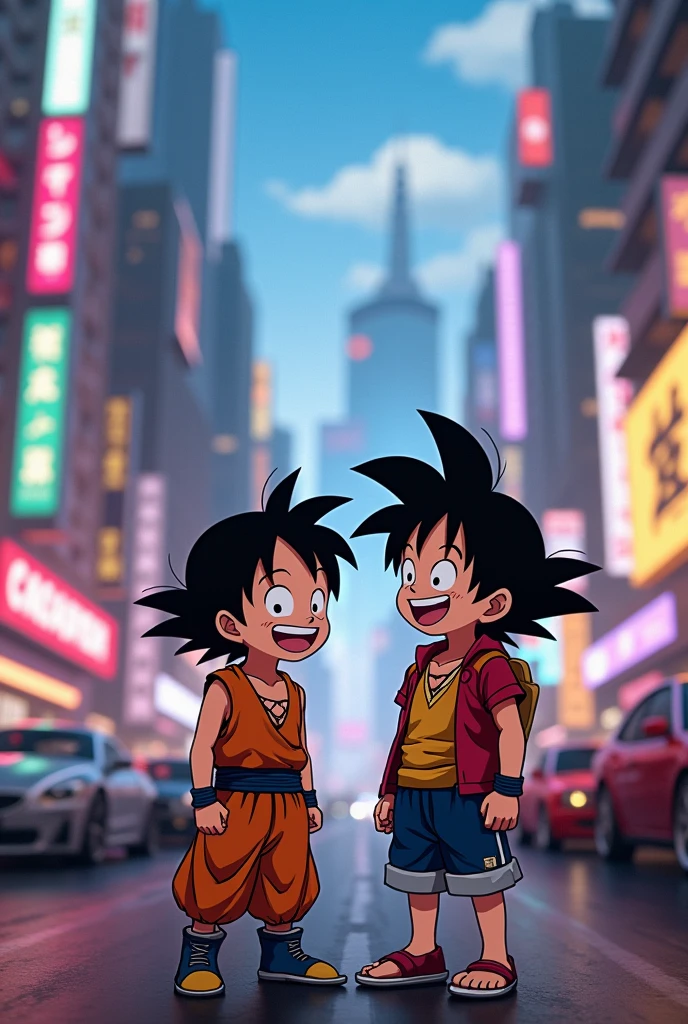 goku and kidffy laughing in yhee cyberpunk city with cars