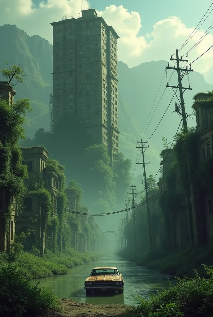 It's been 6 centuries since the apocalypse. A post-apocalyptic scene with abandoned buildings. The first image shows a flooded, decaying office building partially submerged in water, surrounded by greenish water with dead trees sticking out. In the distance, there are mountains under a bright sky with some clouds. The second image depicts an overgrown residential area with crumbling apartments, covered in vines and vegetation, with wild grasses and a rusty, abandoned car in the center. Power lines still stand, but they are decaying, creating an eerie atmosphere. Combine these two elements into a cohesive, realistic depiction of a post-apocalyptic world with nature reclaiming human-made structures. Also using medieval style