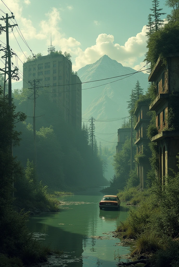 It's been 6 centuries since the apocalypse. A post-apocalyptic scene with abandoned buildings. The first image shows a flooded, decaying office building partially submerged in water, surrounded by greenish water with dead trees sticking out. In the distance, there are mountains under a bright sky with some clouds. The second image depicts an overgrown residential area with crumbling apartments, covered in vines and vegetation, with wild grasses and a rusty, abandoned car in the center. Power lines still stand, but they are decaying, creating an eerie atmosphere. Combine these two elements into a cohesive, realistic depiction of a post-apocalyptic world with nature reclaiming human-made structures. Also using medieval style