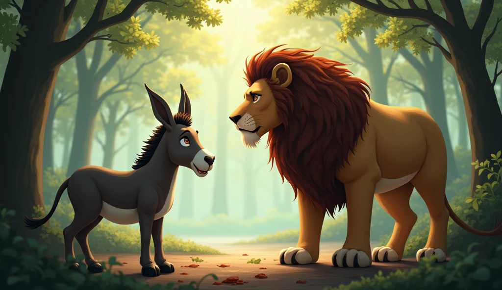 There is a forest. In the forest, a lion is standing. A donkey is standing in front of the lion