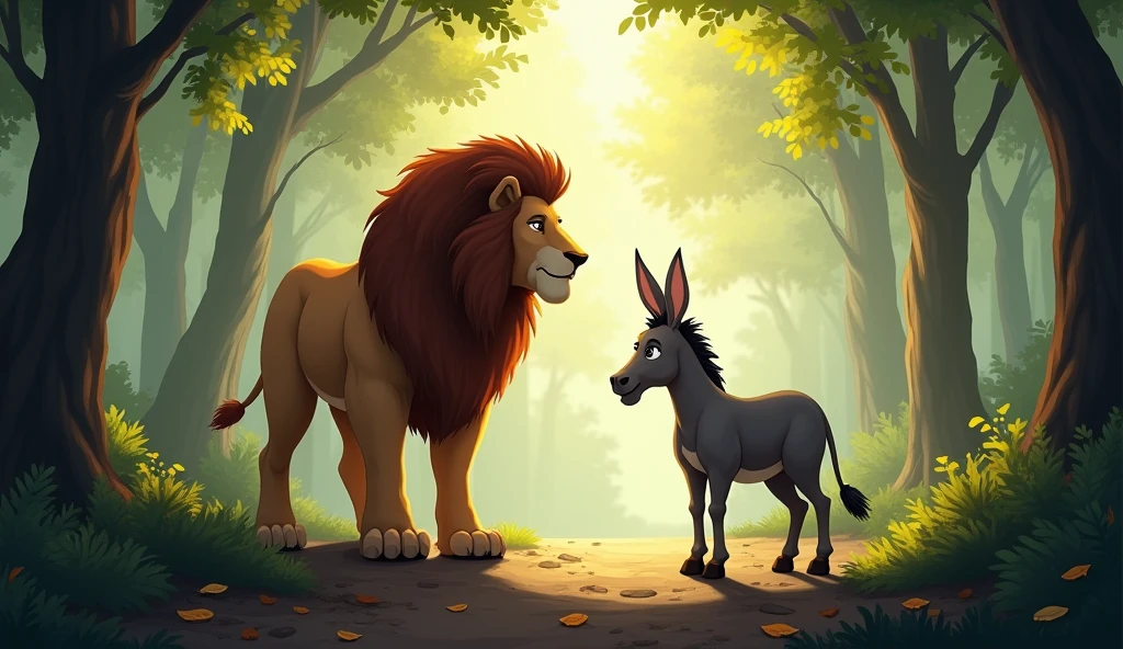 There is a forest. In the forest, a lion is standing. A donkey is standing in front of the lion