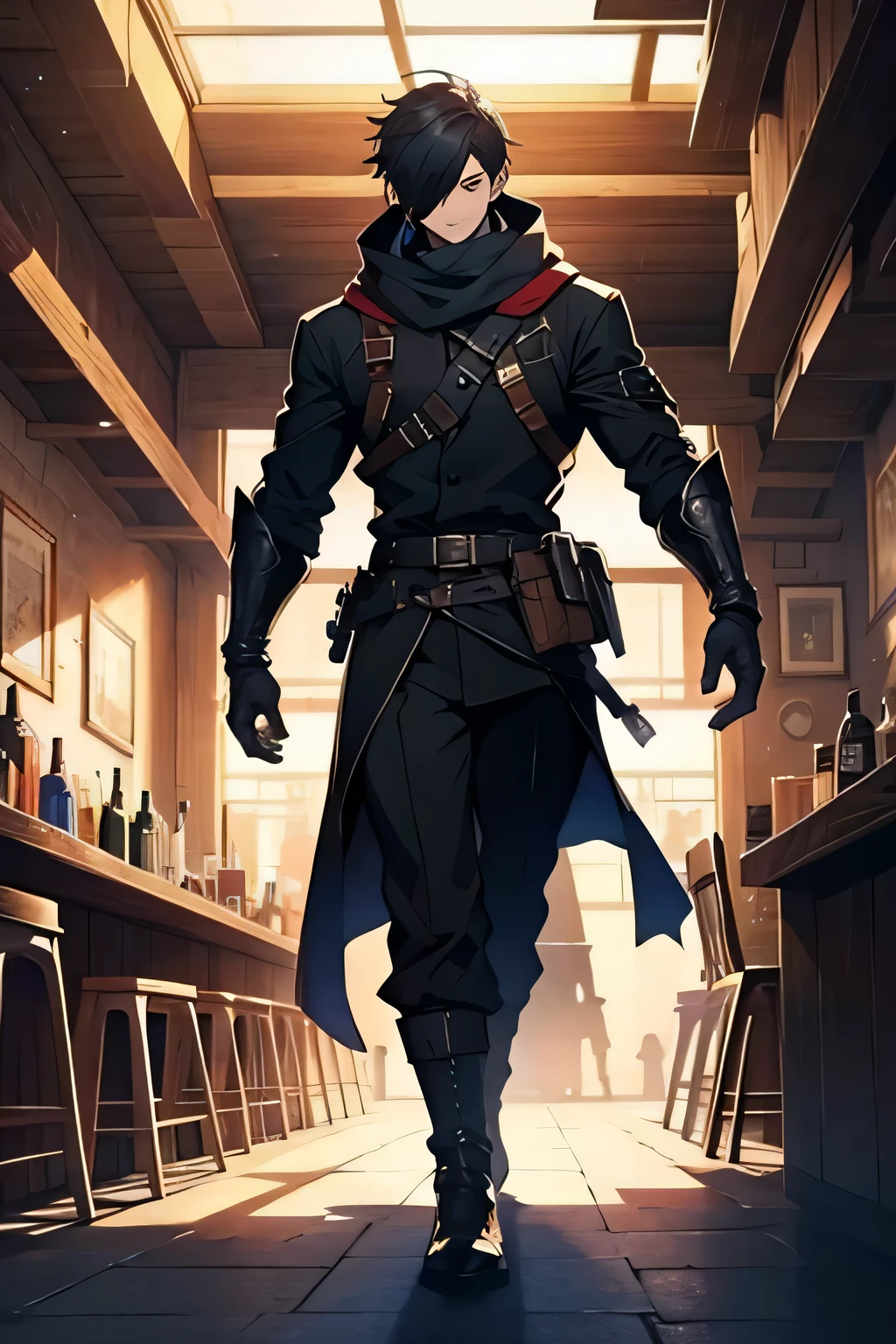 score up_9,score up_8,score up_7,source_アニメ,best quality,super fine illustration,super detailed,8k,Adventurer,black mantle,cool,fantasy,holding_lightsaver,BREAK eye mask,BREAK in the bar,detailed background,BREAK around people