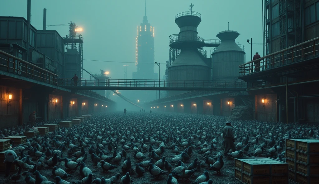 A large flock of pigeons in a factory farm, intricate industrial machinery, workers processing pigeons, crates of packaged pigeon meat, neon-lit urban skyline at night, cinematic lighting, moody color palette, highly detailed, photorealistic, 8k, professional photography