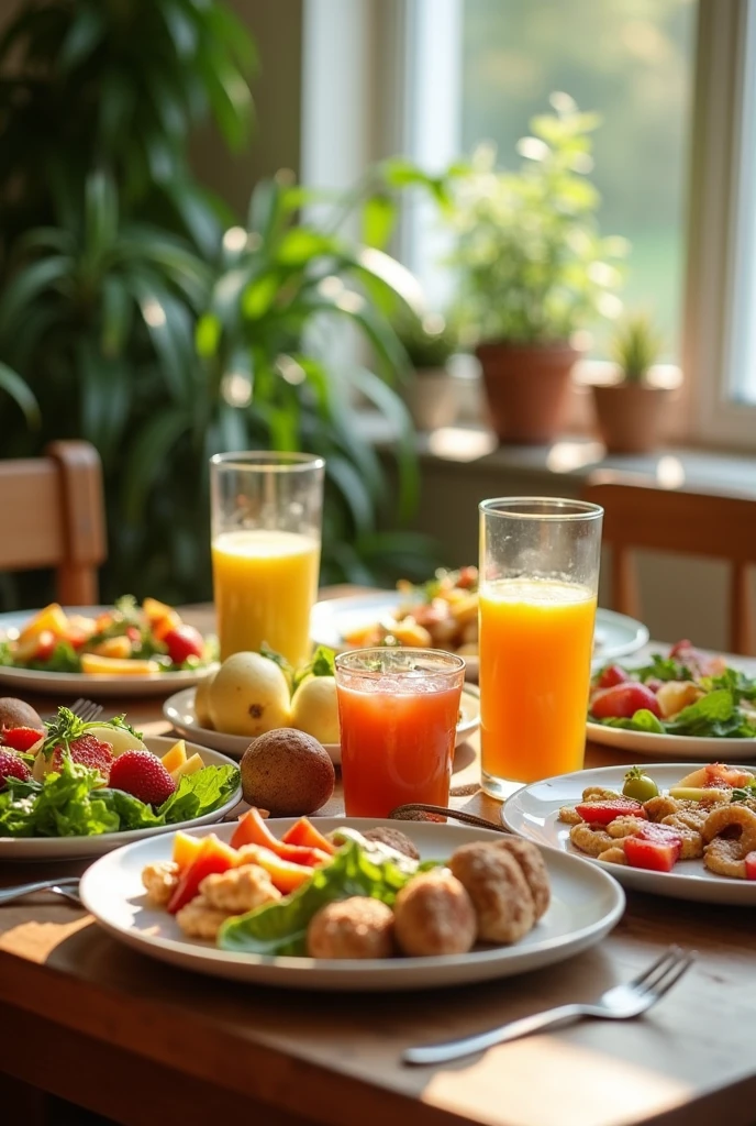 lunch table with light and varied food with fruit juices, meat, wood desk, plants in the background, Inside the house, PICTURE REALISTIC