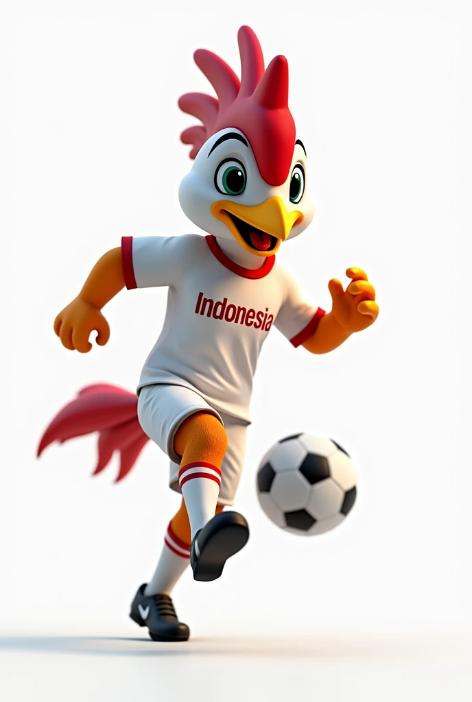 3D, the rooster mascot wears a white shirt and soccer shoes, while dribbling the ball, on the shirt it says "INDONESIA" white background, realistic