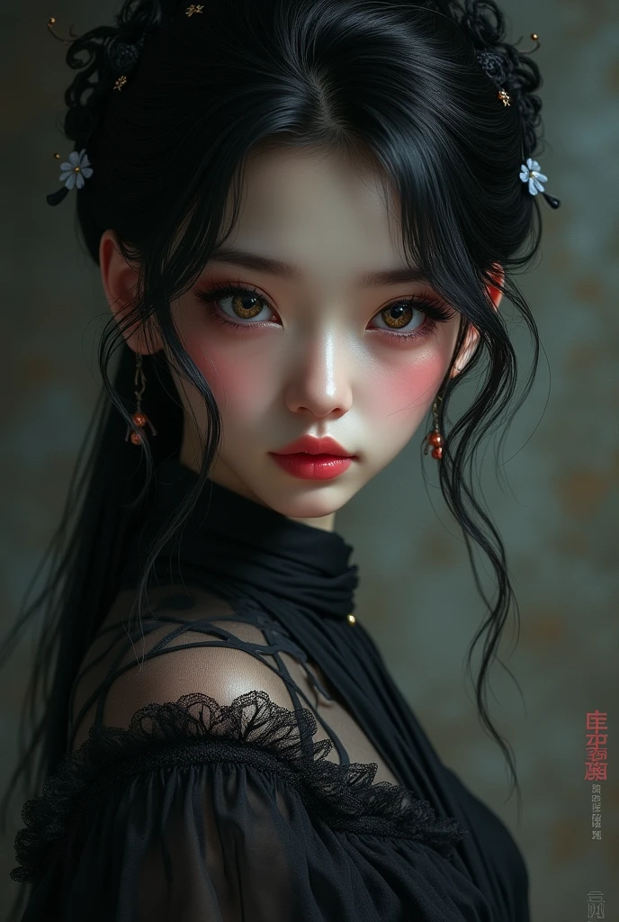1girl, beautiful detailed eyes, beautiful detailed lips, extremely detailed face, long eyelashes, japanese, dark princess, cute face, elegant, graceful, dramatic lighting, glowing eyes, dark fantasy, highly detailed, digital painting, concept art, realistic, cinematic, dramatic shadows, moody colors, rich colors, atmospheric