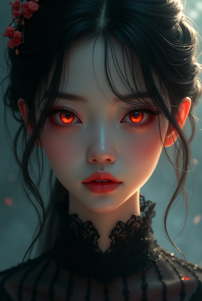 1girl, beautiful detailed eyes, beautiful detailed lips, extremely detailed face, long eyelashes, japanese, dark princess, cute face, elegant, graceful, dramatic lighting, glowing eyes, dark fantasy, highly detailed, digital painting, concept art, realistic, cinematic, dramatic shadows, moody colors, rich colors, atmospheric