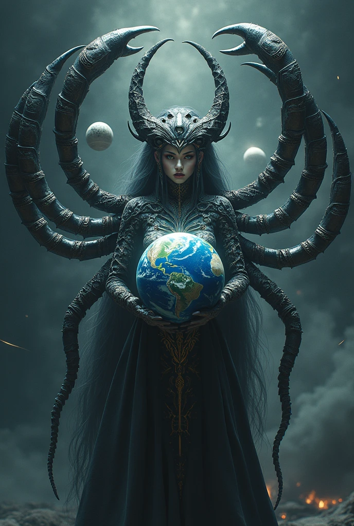 A semi-human empress of the Void with a planet earth in her hands with 10 scorpion tails piercing other planets in the solar system