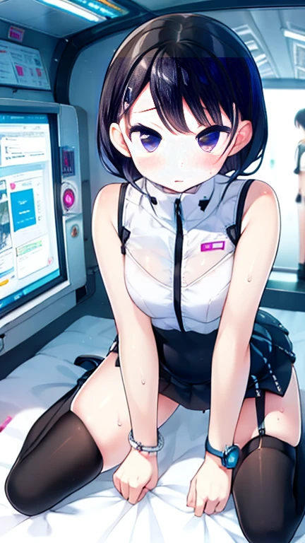 (Highest quality), (masterpiece), 1080P, High resolution, 4K, 8k, Inside the space station、Futuristic room、Thigh straps, Shooting from directly below, The woman on top of me, 白いSweat, Covered , Sweat, Woman looking down, Skirt swimsuit, Thigh-high socks, To achieve this, , , whole body, Black leather shoes, Braided hair, Inner Color, Embarrassed face, Short black hair, bracelet, Bedroom,celestial body_Vest
