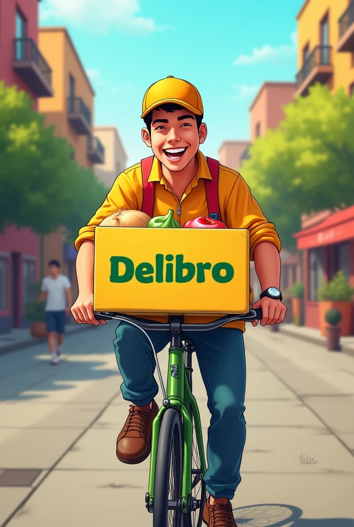Deli bro delivery brother in bike with lot of hapiness write “delibro” in box make it green colour