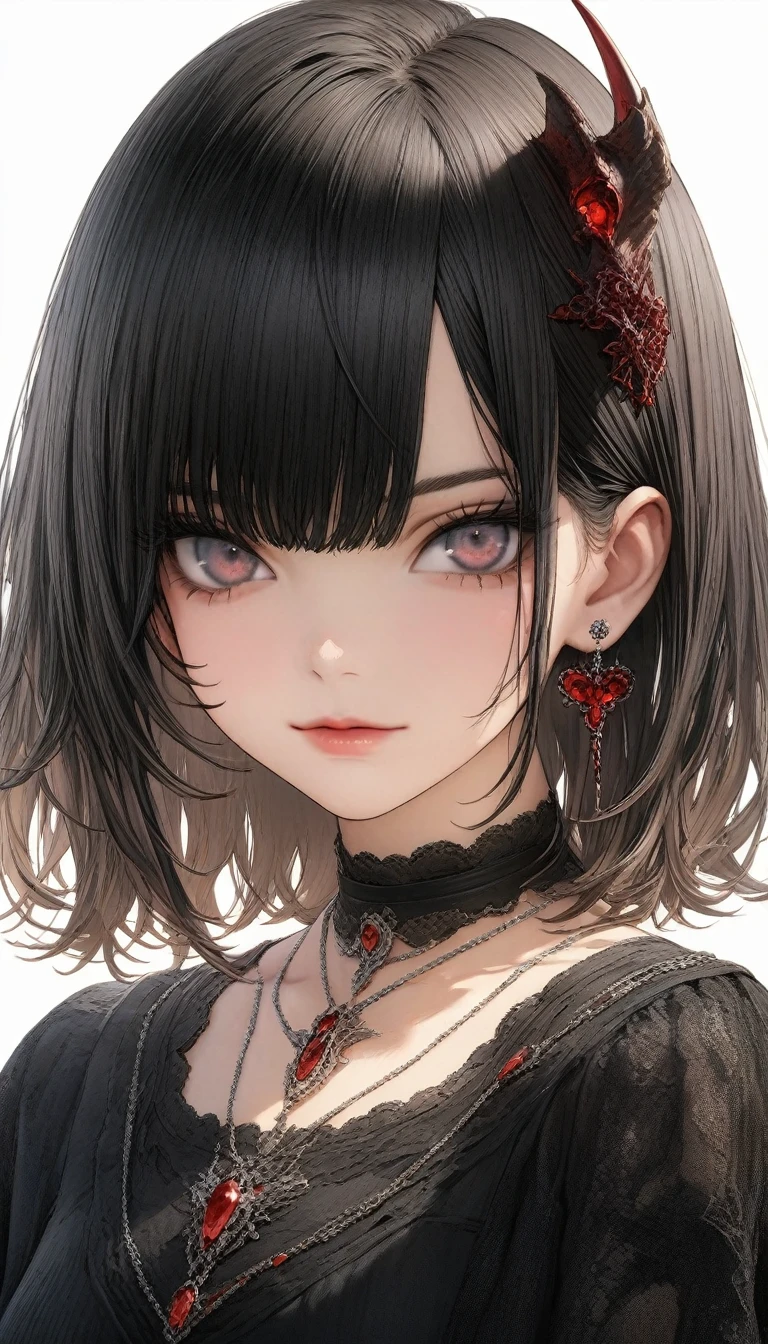 (masterpiece, 最high quality, 最high quality, Official Art, beautifully、aesthetic:1.2),((masterpiece: 1.4, 最high quality))+,(Super detailed)+, Official Art, unity 8k wallpaper, Super detaileded, beautiful, high quality, beautiful, masterpiece, 最high quality, whole body, Character portrait, White Background, Red Straight Hair, Dark Eyes, Black Little Snake, Red Jewelry, stud, Black lace flats, Asymmetrical Skirt, Bloodstains on skirt, devil, skeleton, Lots of lace, Glowing Skin, , rtrophto1,