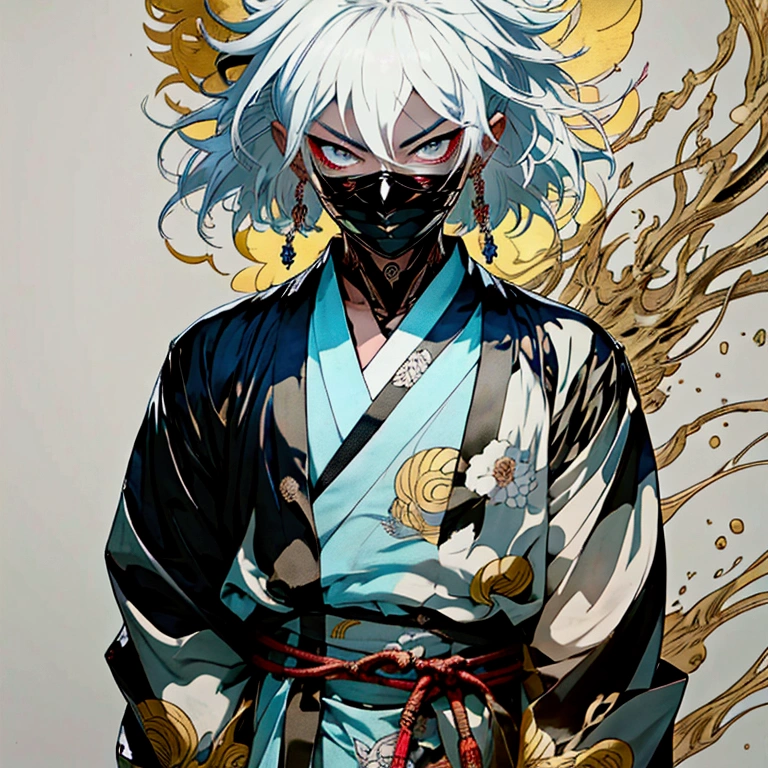 Detailed portrait of young male anime descendant of Izanagi, white hair, Japanese kimono with features of the god Izanagi, anime scene, fighting, origin, heir, Water Hero, manga scene, water powers, sword, guardian, creative design, shonen anime style, best qualityer, 4K, high resolution, work of art, ultra detali, realisitic, photorealisitic, HDR, bright coloured, dramatic lighting, epic, cinematic