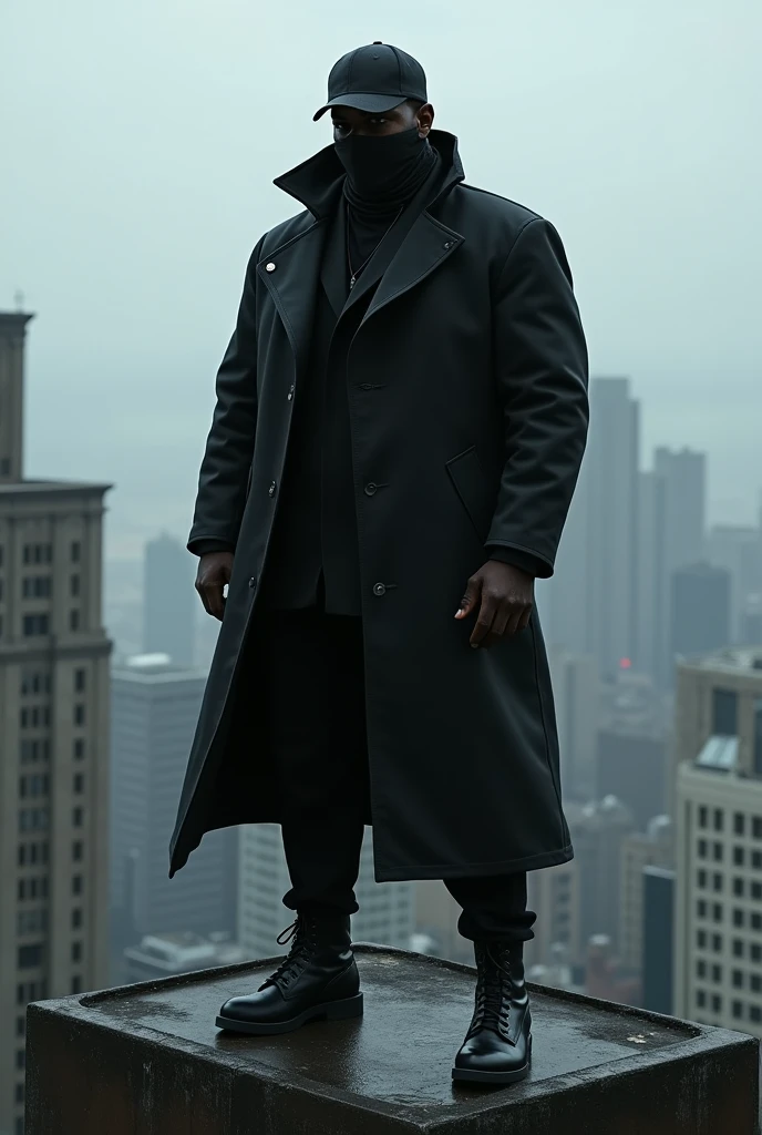 Tall, black-skinned man, wearing black surgical mask, Black cap, Black jacke, black pants and black boots, on top of the building