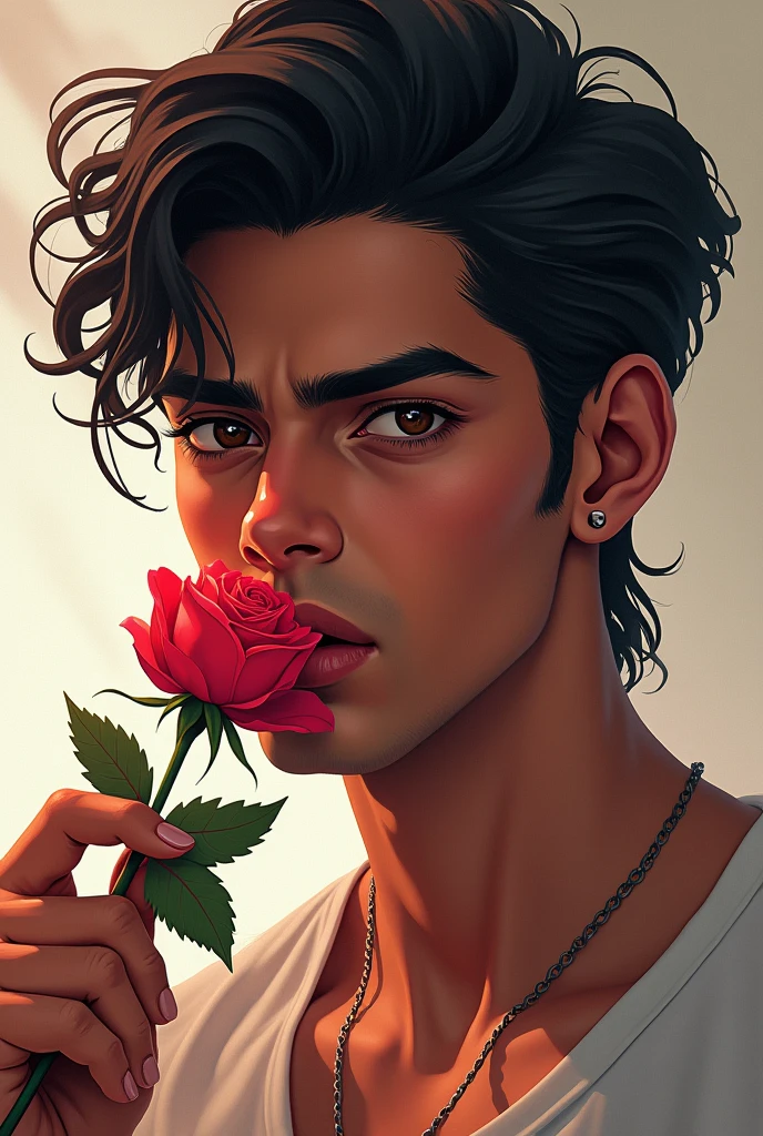 A very manly Indian boy with an earring with a rose in his mouth, anime-style, very attractive but tender and flirtatious at the same time.