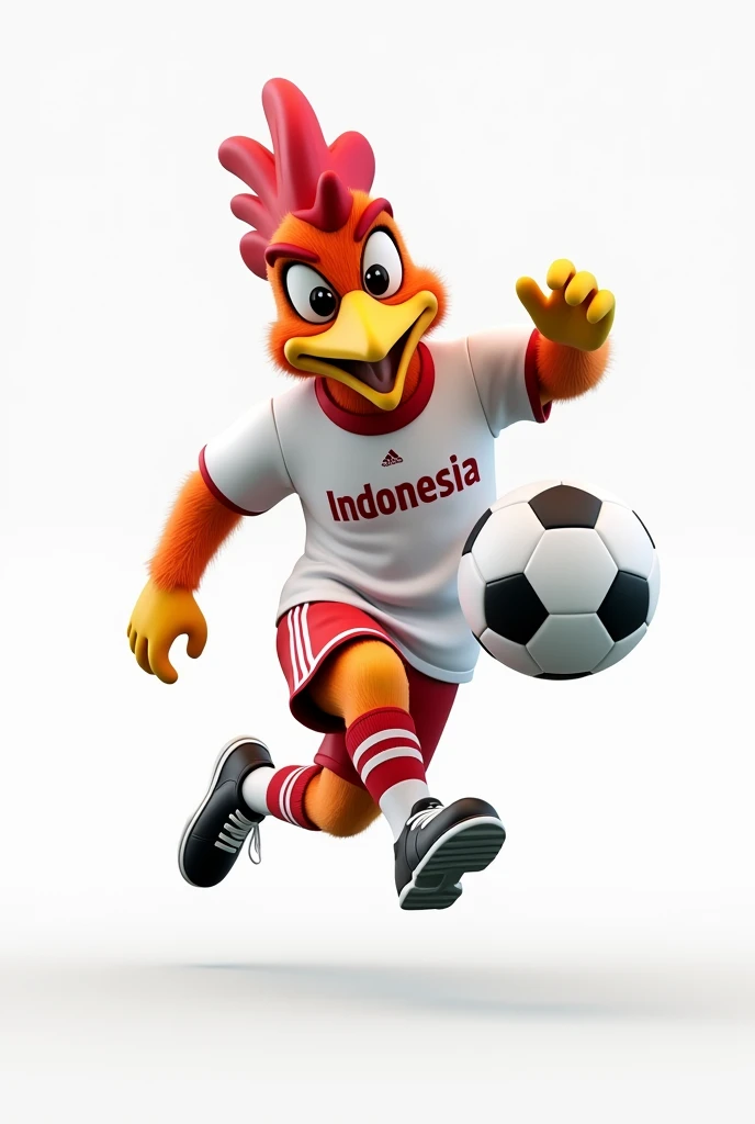 3D, the rooster mascot wears a white shirt and soccer shoes, while dribbling the ball, on the shirt it says "INDONESIA" white background, realistic