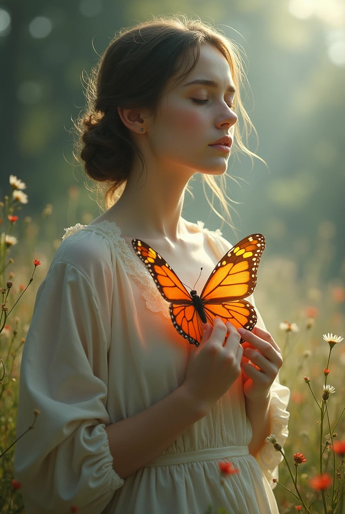 I would like an image that is about a woman healing her heart by transforming it into a butterfly. 
