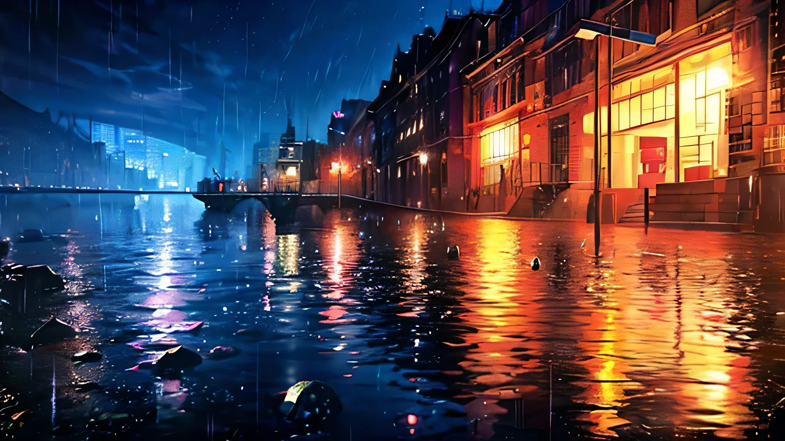 Attention to detail, high quality, high resolution, 4K, 8k, Grains of light, beautiful view, raining, reflection
