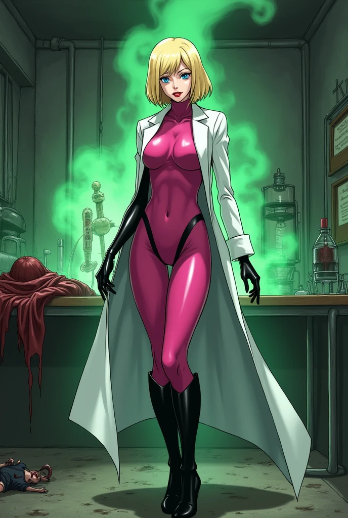 Anime style, Sultry and Beautiful young woman with a soul of pure evil and hatred. Short blonde hair that covers her left eye and blue eyed supervillain dressed in a sleek skintight pink bodysuit, long black gloves and black calf high boots. A long white lab coat over her bodysuit competes the look. She is posing and emanating green energy. She has a smile crossing her thin red lips. The setting is a dirty laboratory with a captured costumed hero secured to a table and being tortured. Lots of b