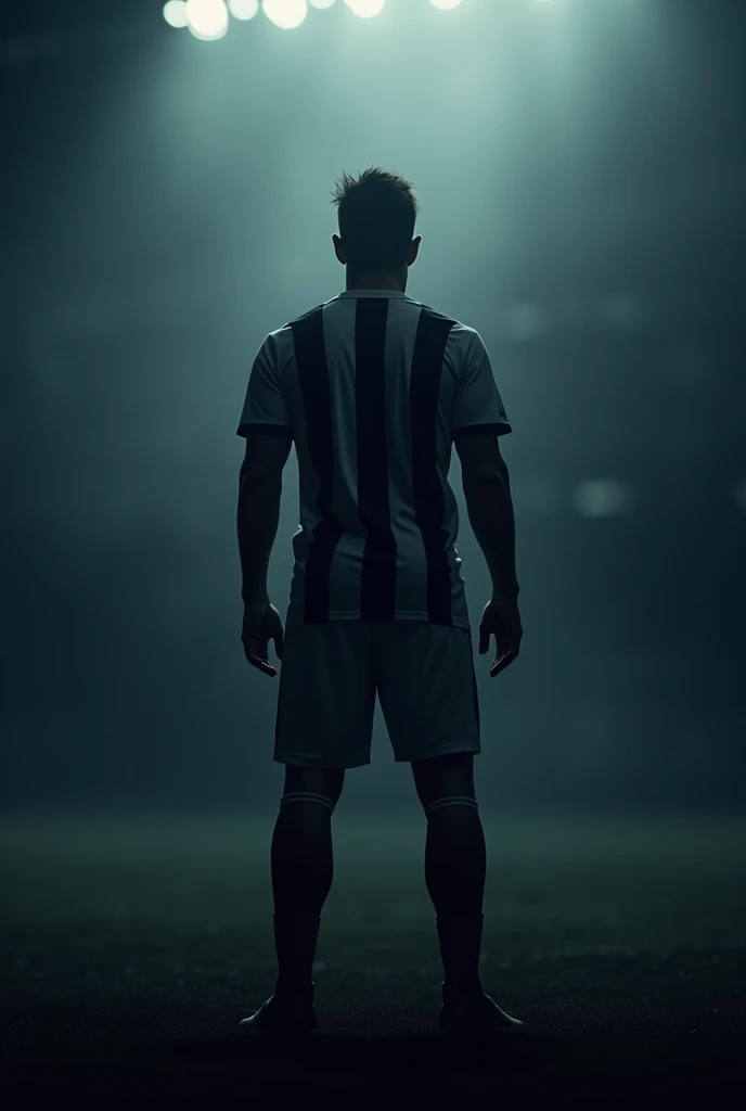 Create an image of a soccer player with his back turned against a dark background where only the player's back can be seen and when he looks back, the image will be zoomed in more.