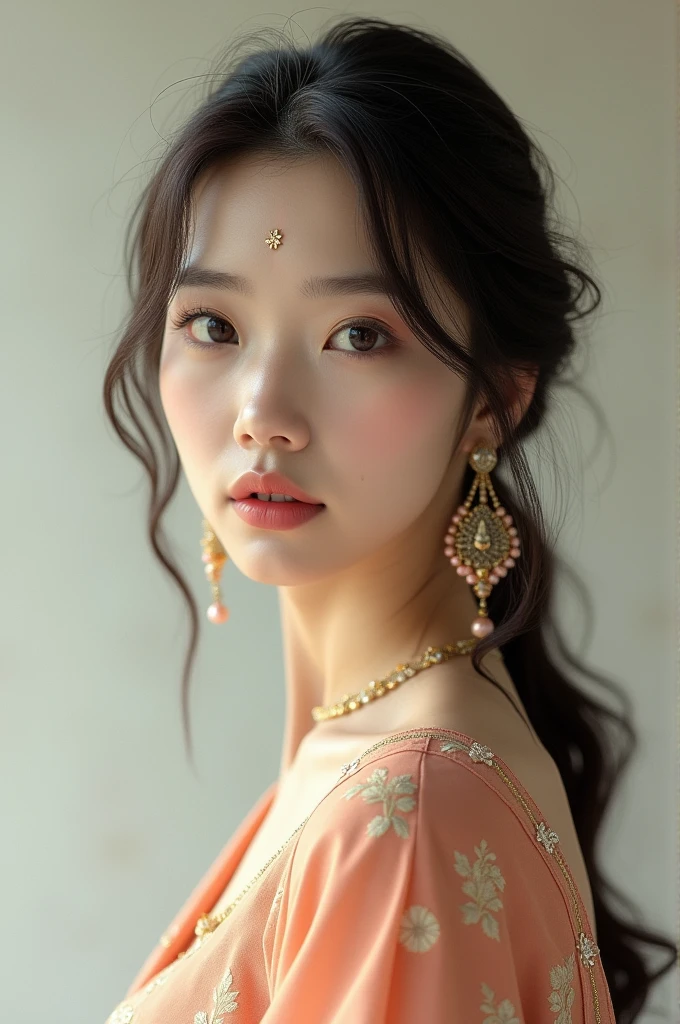 A korean girl and she is 20 and she is so beatiful and she puts a tilak on her forehead