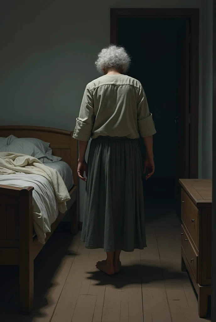 an old woman walking awway of her bed