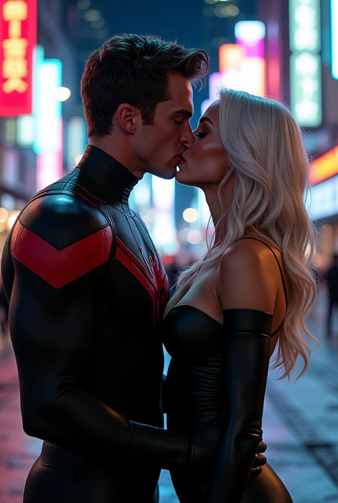 A stunning portrait of muscular Peter Parker in his black suit and white suit, symbiote suit, kissing, French kiss, passionate kiss, Felicia Hardy as the marvel character Black Cat, young and beautiful, hyper realistic, real portrait, backlit, exquisite features, cleavage, sexy, seductive, her hair is white, she is wearing a black leather body suit unzipped to her belly button, location is city at night. Neon lights, large breasts, athletic body, narrow waist, wide hips, Spider-Man’s suit is only black and white, he is not wearing his mask, Peter Parker