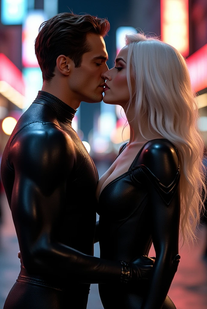 A stunning portrait of muscular Peter Parker in his black suit and white suit, symbiote suit, kissing, French kiss, passionate kiss, Felicia Hardy as the marvel character Black Cat, young and beautiful, hyper realistic, real portrait, backlit, exquisite features, cleavage, sexy, seductive, her hair is white, she is wearing a black leather body suit unzipped to her belly button, location is city at night. Neon lights, large breasts, athletic body, narrow waist, wide hips, Spider-Man’s suit is only black and white, he is not wearing his mask, Peter Parker